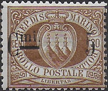 1892 San Marino stemma 5c. on 30c. brown MNH Sassone n. 9