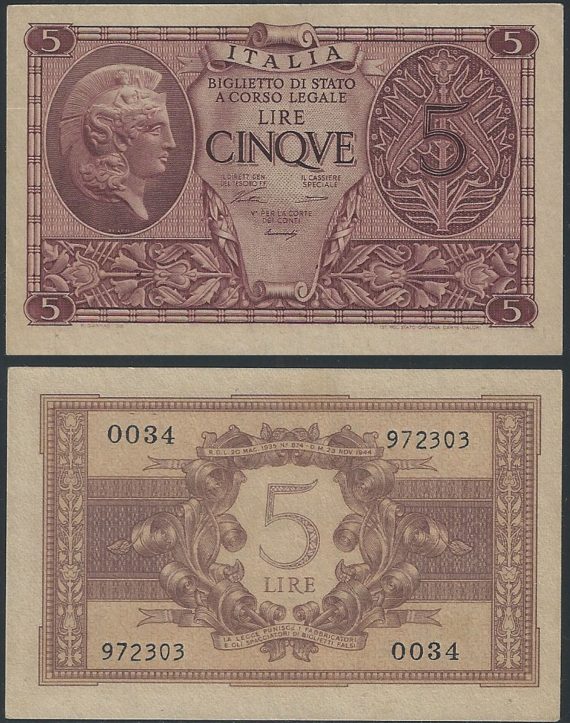 1946 Italia Lire 5 Atena Elmata FDS Gigante Rif. BS 14A