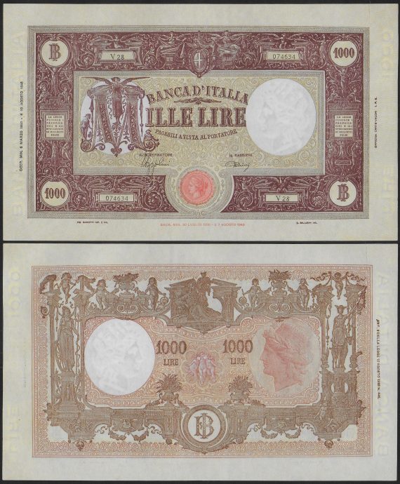 1944 Italia Lire 1.000 grande M FDS Gigante Rif. BI 49A