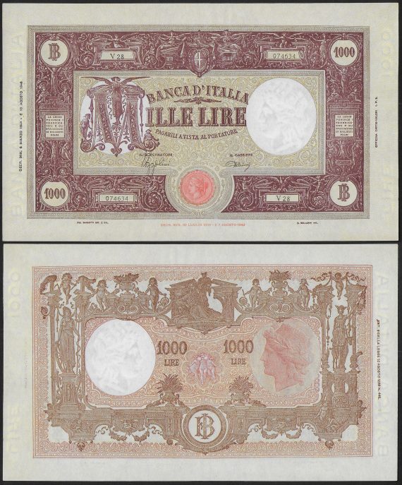 1944 Italia Lire 1.000 great M FDS Gigante Rif. BI 49A