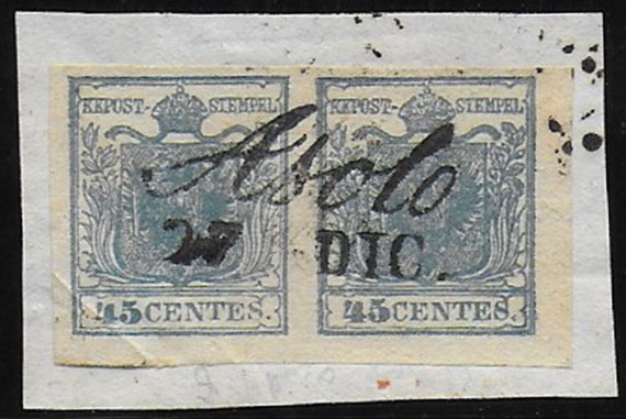 1851 Lombardo Veneto 45c. azzurro scuro pair cancelled Sassone 17a