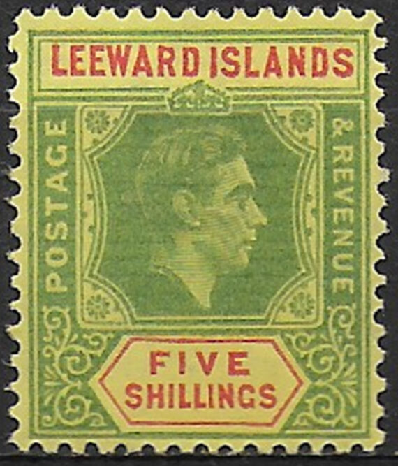 1943 Leeward Islands 5s. green and red/yellow MNH SG n. 112b