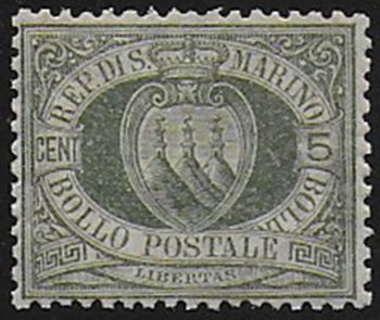 1892 San Marino stemma 5c. verde oliv. bc MNH Sassone n. 13