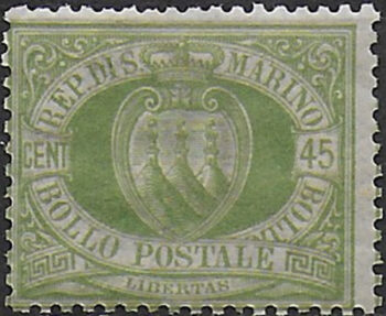 1892 San Marino stemma 45c. verde oliva mc MNH Sassone n. 18