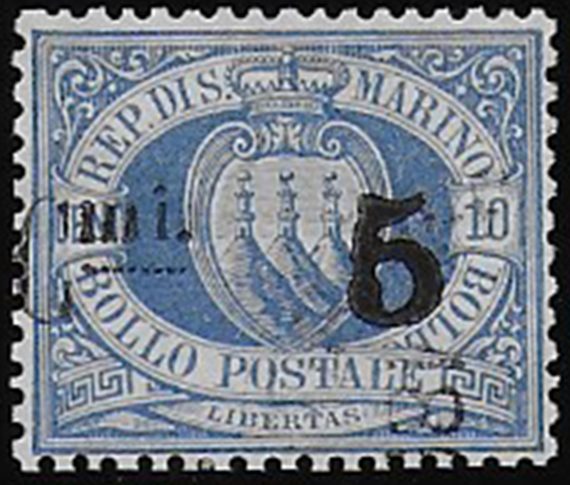 1892 San Marino 5c. su 10c. oltremare cancelled Sassone n. 8Ax