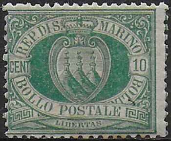 1894 San Marino stemma 10c. verde azzurro mc MNH Sassone n. 14