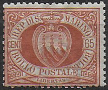1894 San Marino stemma 65c. bruno rosso mc MNH Sassone n. 19