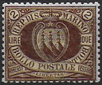 1894 San Marino stemma Lire 2 bruno/arancio bc MNH Sassone n. 21