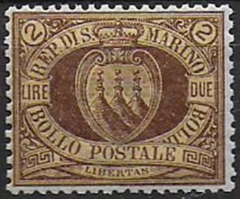 1894 San Marino stemma Lire 2 bruno/giallo bc MNH Sassone n. 21a