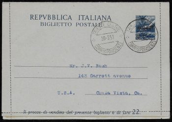 1950 Trieste A Lire 20 B4 Fil. US biglietto postale