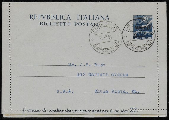 1950 Trieste A Lire 20 B4 Fil. US biglietto postale