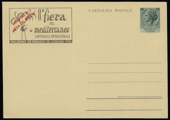 1953 Italia C150 Lire 20 cartolina postale Fil.