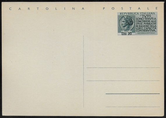 1954 Italia Lire 20 cartolina postale Fil. C158
