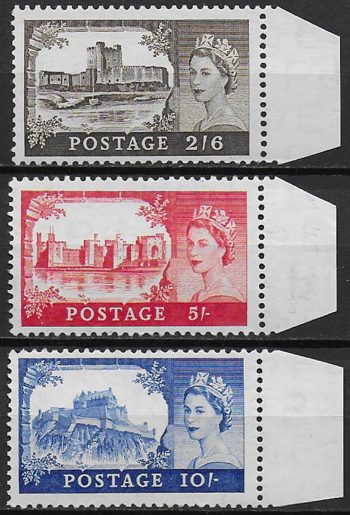 1958 Great Britain Castles DLR printing 3v. MNH n. 283A/85A