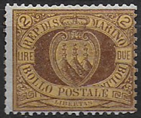 1894 San Marino stemma Lire 2 bruno/giallo mc MNH Sassone n. 21a