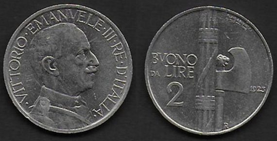 1923 Italia VE III Lire 2 Buono Fascio in nichelio qSPL