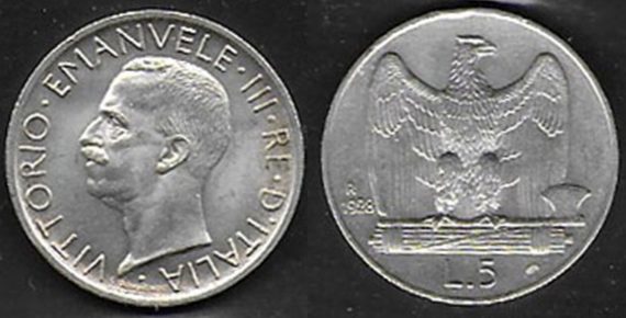 1928 Italia VE III Lire 5 Aquilotto in argento 2 rosette qSPL