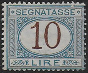 1874 Italia segnatasse Lire 10 azzurro bruno MNH Sassone n. 14