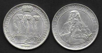 1932 San Marino Lire 20 FDC tre penne argento