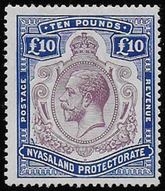 1919 Nyasaland Giorgio V £10 purple and royal blue MH SG n. 99e