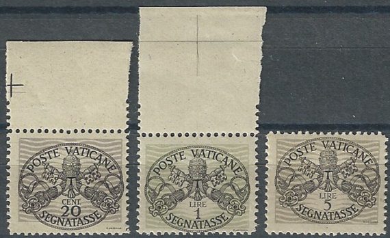 1946 Vaticano segnatasse grey paper 3v. MNH Sassone n. 14I/18I