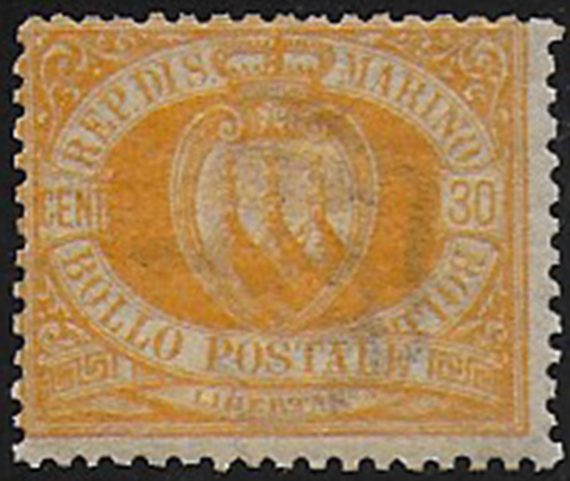1892 San Marino stemma 30c. giallo ocra MNH Sassone n. 16a