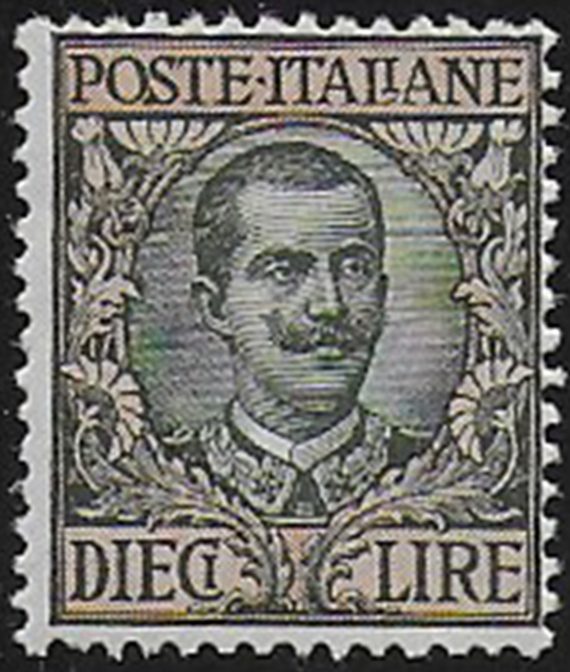 1910 Italia VE III Lire 10 oliva rosa MNH Sassone n. 91