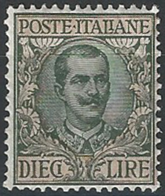 1910 Italia VE III Lire 10 oliva rosa bc MNH Sassone n. 91