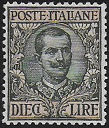 1910 Italia VE III Lire 10 oliva rosa sup MNH Sassone n. 91