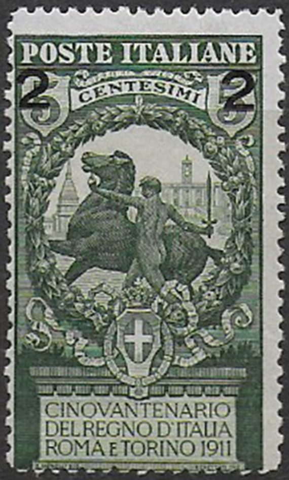 1913 Italia 2c. su 5c. verde spaziate d13½ mc MNH Sassone n. 99ab