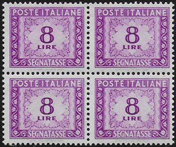 1956 Italia segnatasse Lire 8 lilla quartina MNH Sass n. 112