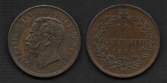 1866 Italia VE II 10c. in rame zecca Milano SPL