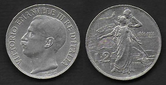 1911 Italia VE III Lire 2 Cinquantenario argento BB+