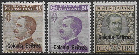 1916 Eritrea VE III ordinaria 3v. MNH Sassone n. 38/40