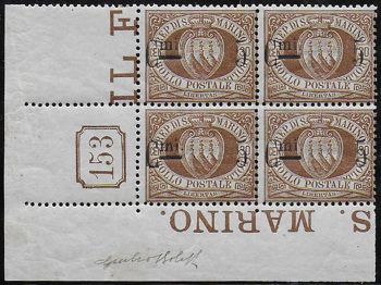 1892 San Marino stemma 5c. su 30c. bl4 tavola MNH Sassone n. 9