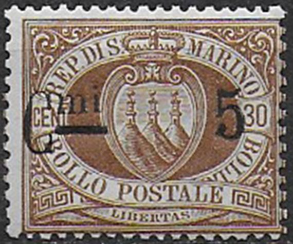 1892 San Marino stemma 5c. su 30c. variety MNH Sassone n. 9r