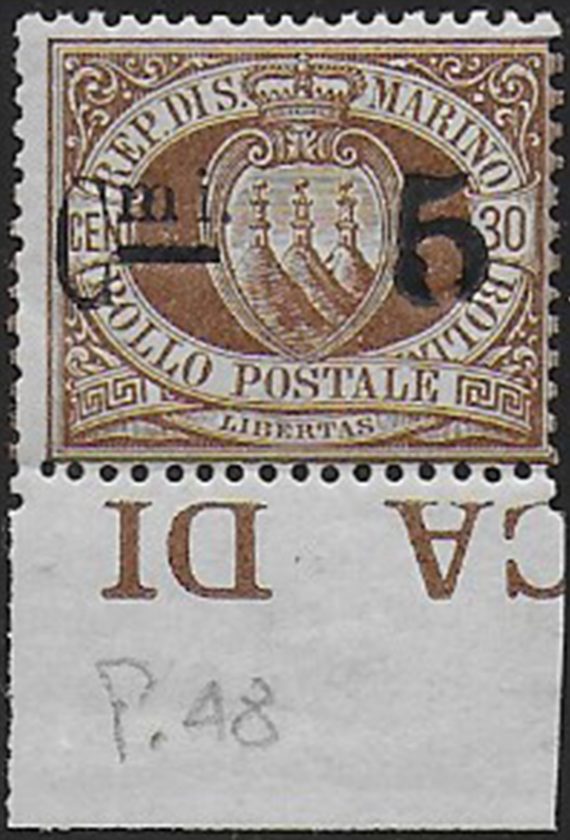 1892 San Marino stemma 5c. su 30c. variety MNH Sassone n. 9x