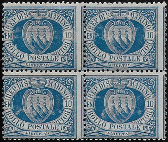 1888 San Marino stemma 10c. azzurro bl4 MNH Sassone n. 3A