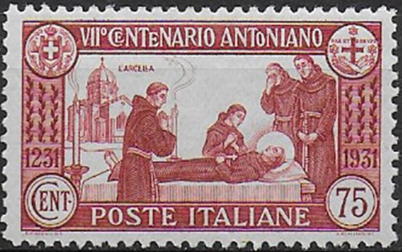 1931 Italia S. Antonio 75c. carminio p.12 bc MNH Sassone n. 299