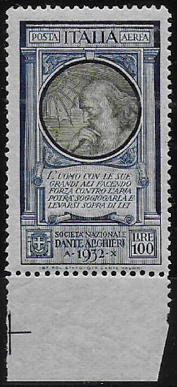 1932 Italia Dante Lire 100 Leonardo thin paper bf MNH Sassone n. 41a