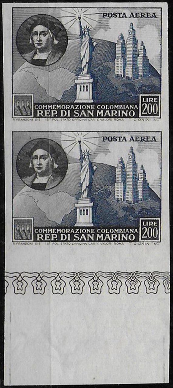 1952 San Marino L. 200 Colombo cp. nd MNH Sass. n. A101c