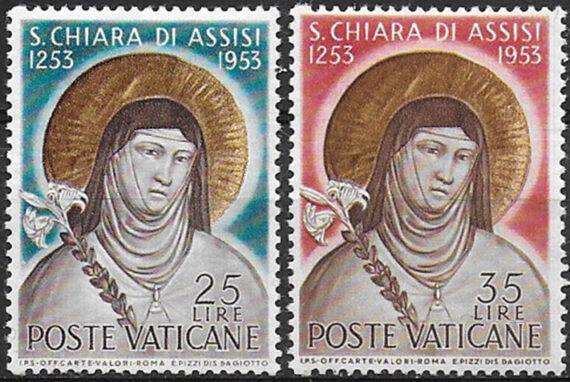 1953 Vaticano S. Chiara di Assisi 2v. MNH Sassone n. 169/170