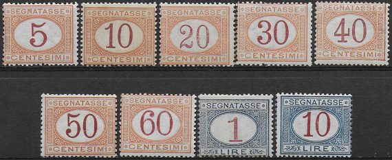 1890-94 Italia segnatasse colori cambiati 9v. mc MNH Sassone n. 20/28