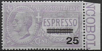 1917 Italia Espresso 25c. su 40c. violetto 1v. bc MNH Sassone n. 3