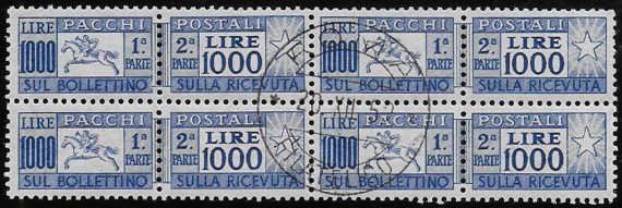 1954 Italia pacchi postali Lire 1.000 Cavallino bl4 cancelled Sassone n. 81