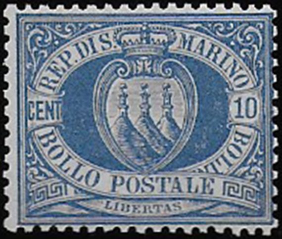 1877 San Marino Coat of Arms 10c. ultramarine MNH Sassone n. 3