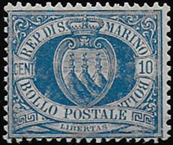 1888 San Marino stemma 10c. azzurro MNH Sassone n. 3A