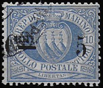 1892 San Marino 5c. su 10c. oltremare cancelled Sassone n. 8A