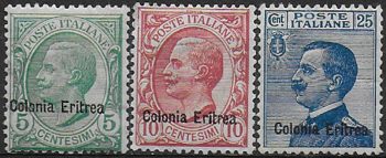 1908-09 Eritrea VE III overprinted 3v. MNH Sassone n. 31/33