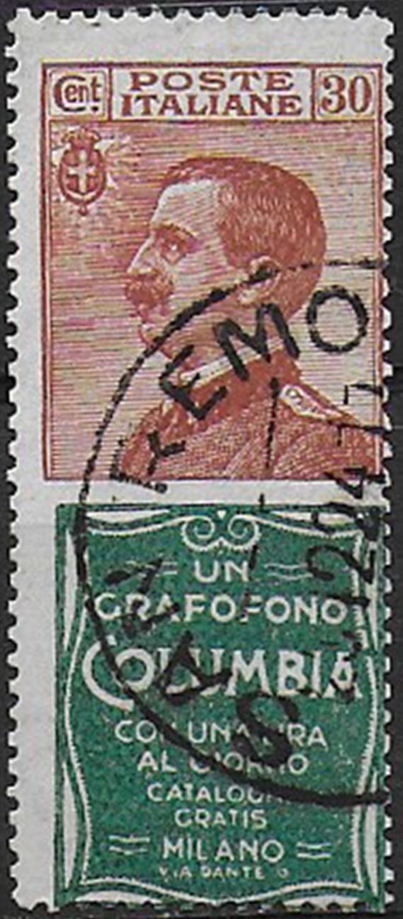 1924-25 Italia Pubblicitari 30c. Columbia mc cancelled Sassone n. 9